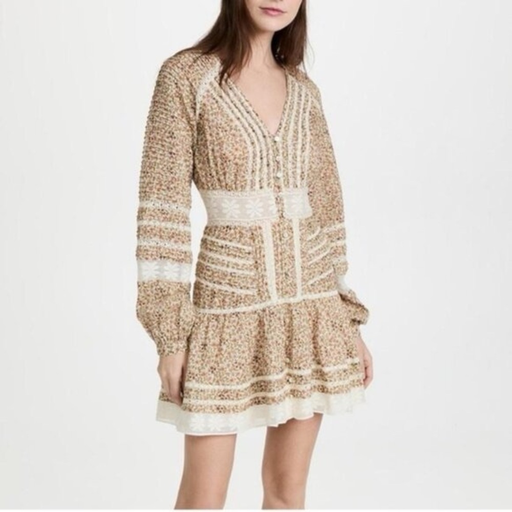 Veronica Beard Beige Floral Long Sleeve Dress